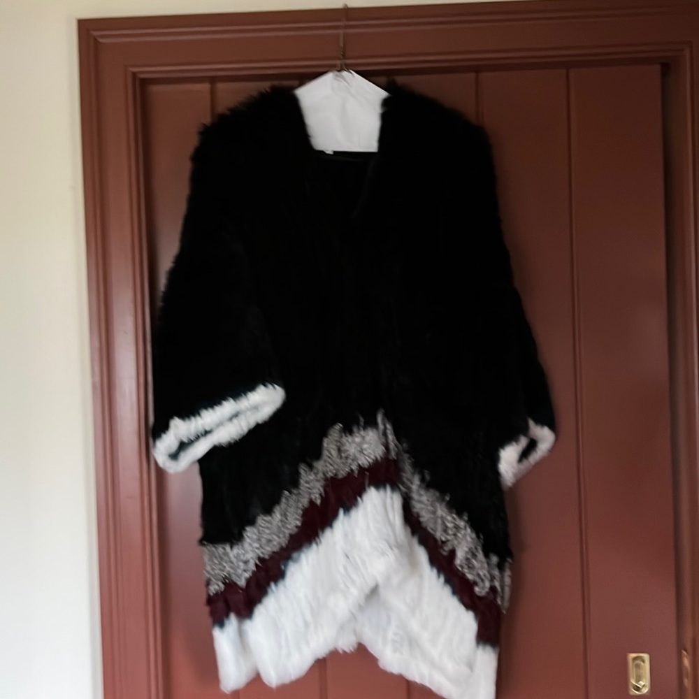 Elizabeth and James - black rabbit fur jacket with red and white fur
